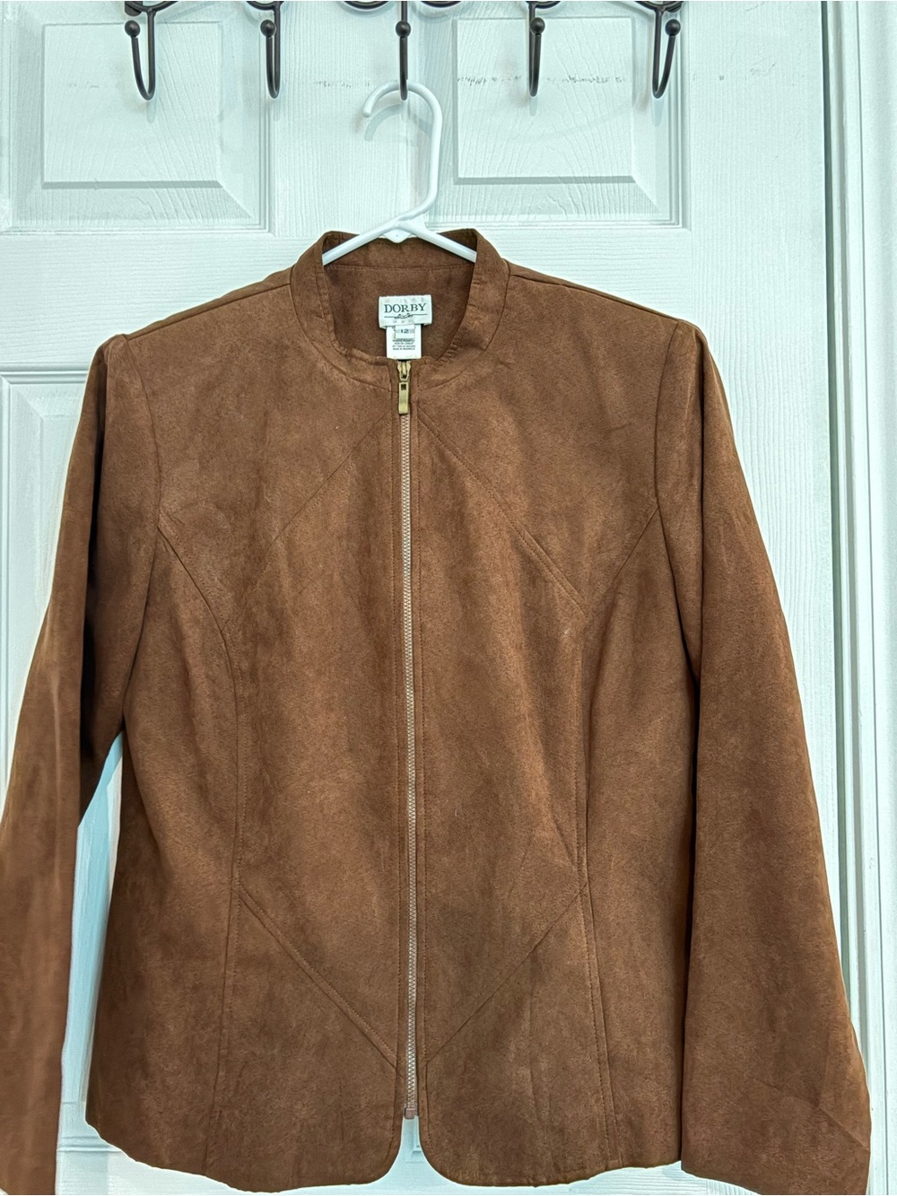 Dorby Brown Faux Suede Zip Front Jacket Women’s Size 12 Cognac Y2K